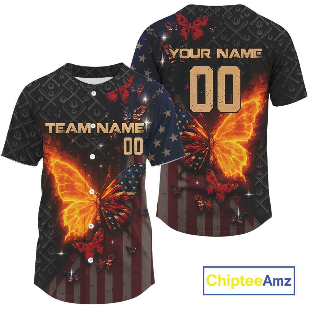 Custom US Flag Patriotic Baseball Shirt Outfit Flame Butterfly Baseball Jerseys