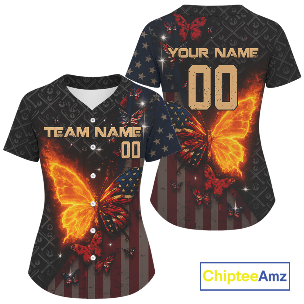 Custom US Flag Patriotic Baseball Shirt Outfit Flame Butterfly Baseball Jerseys