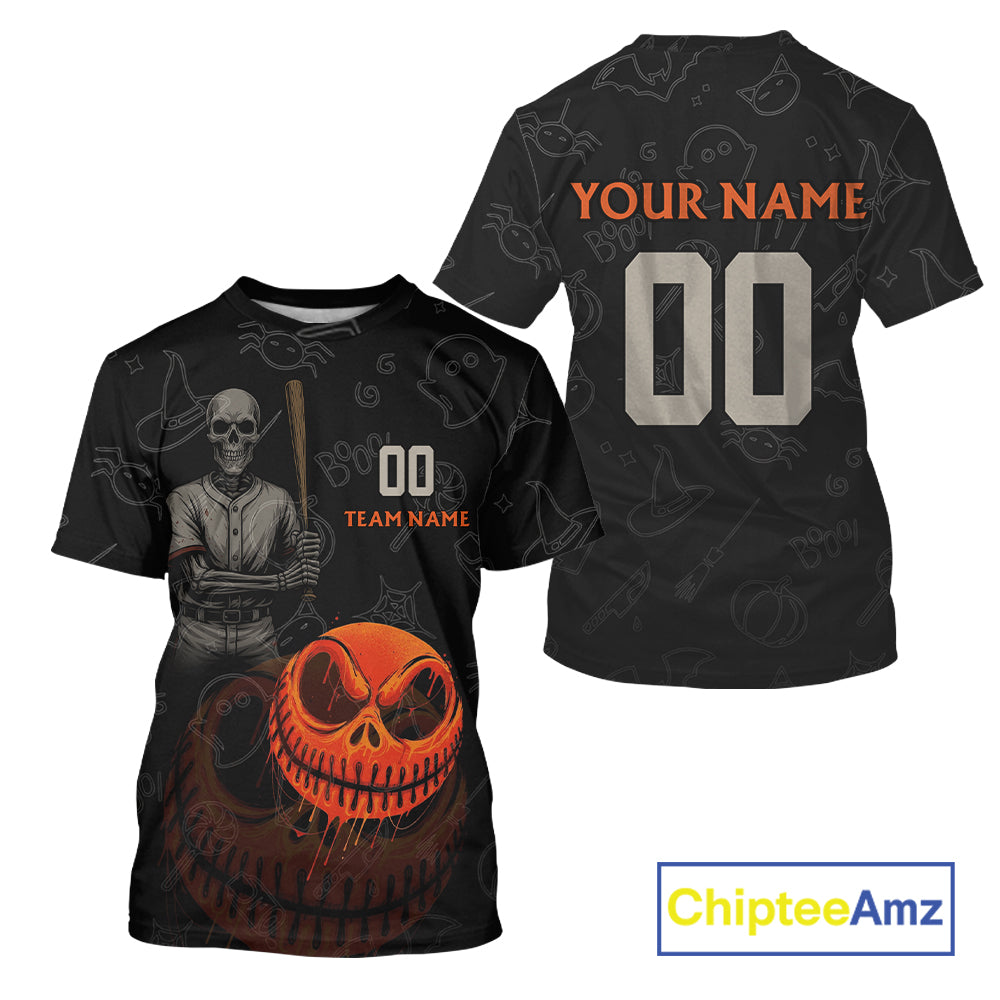 Custom Funny Halloween Baseball Ball T-Shirt Skull Halloween Baseball Tournament Shirt