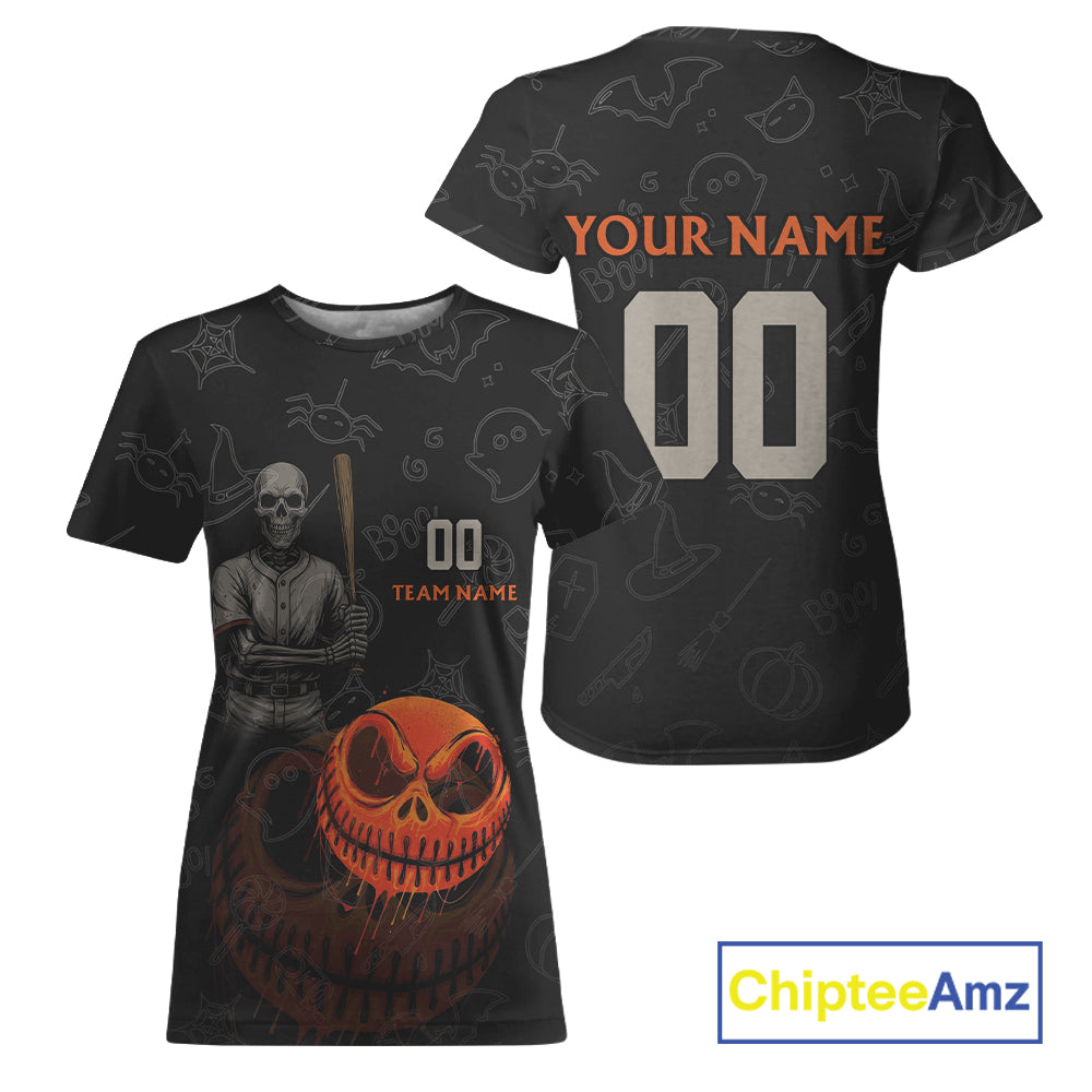Custom Funny Halloween Baseball Ball T-Shirt Skull Halloween Baseball Tournament Shirt