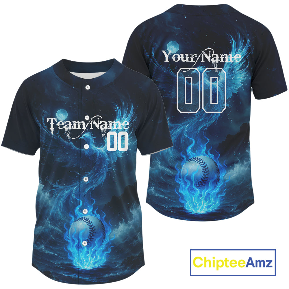 Custom Blue Flames Phoenix Baseball Ball Shirt Outfits Baseball Jerseys