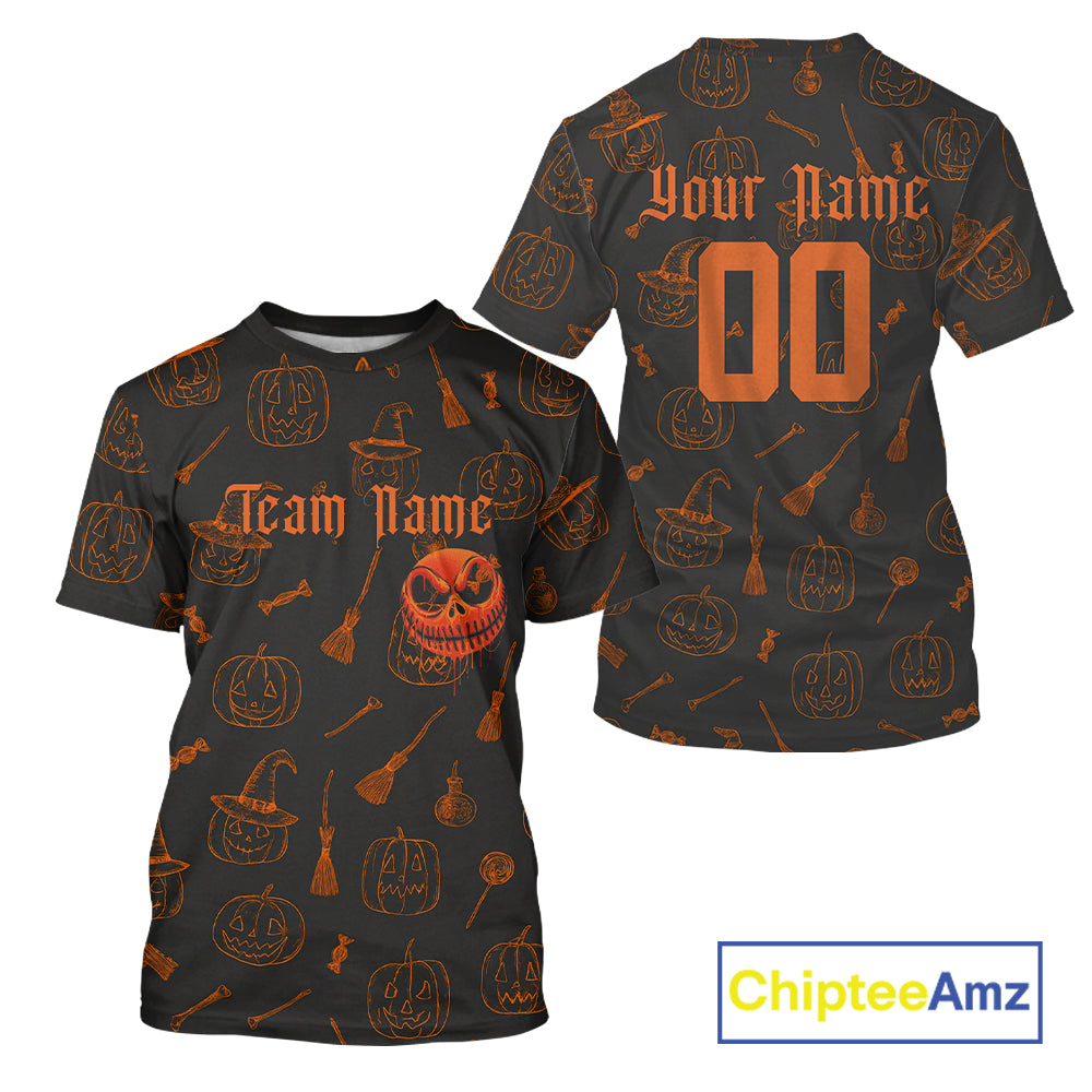 Custom Orange Pumpkin Halloween Baseball T-Shirt Funny Halloween Baseball Shirt