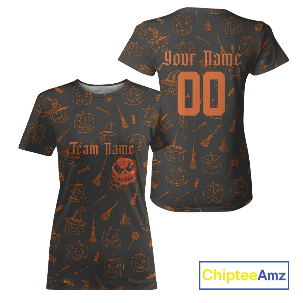 Custom Orange Pumpkin Halloween Baseball T-Shirt Funny Halloween Baseball Shirt