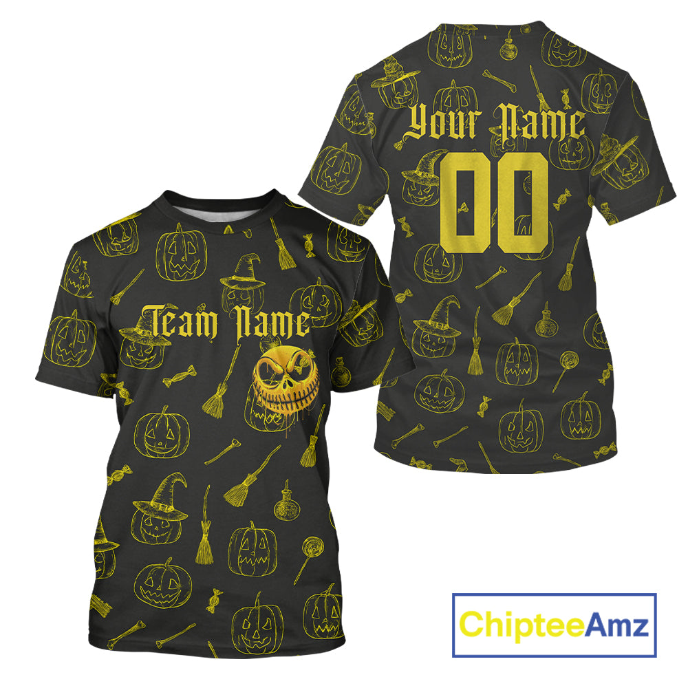 Custom Yellow Pumpkin Halloween Baseball T-Shirt Funny Halloween Baseball Shirt