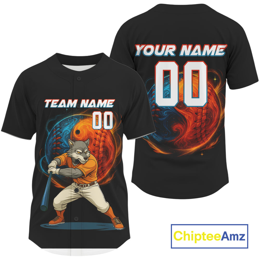 Custom Funny Baseball Jersey Personalized Wolf Plays Flame Baseball, Baseball Shirts