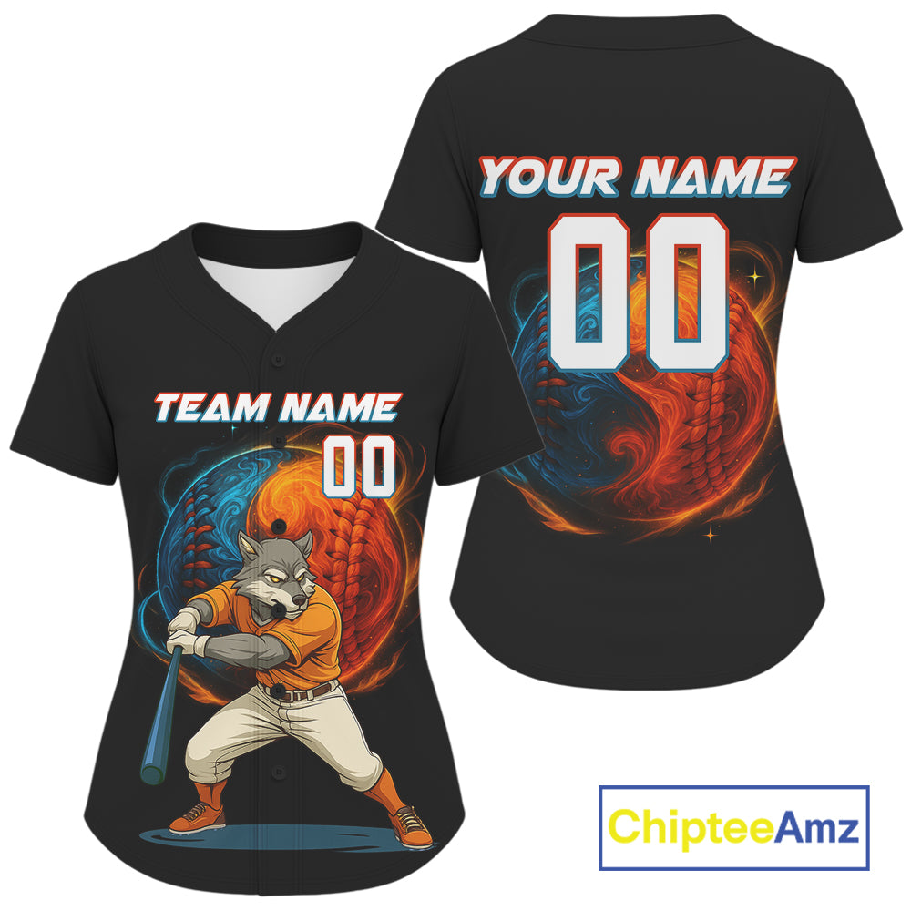 Custom Funny Baseball Jersey Personalized Wolf Plays Flame Baseball, Baseball Shirts