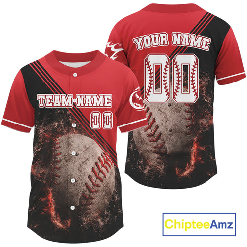 Black And Red Flame Baseball Ball Jersey Personalized Flaming Baseball Shirt