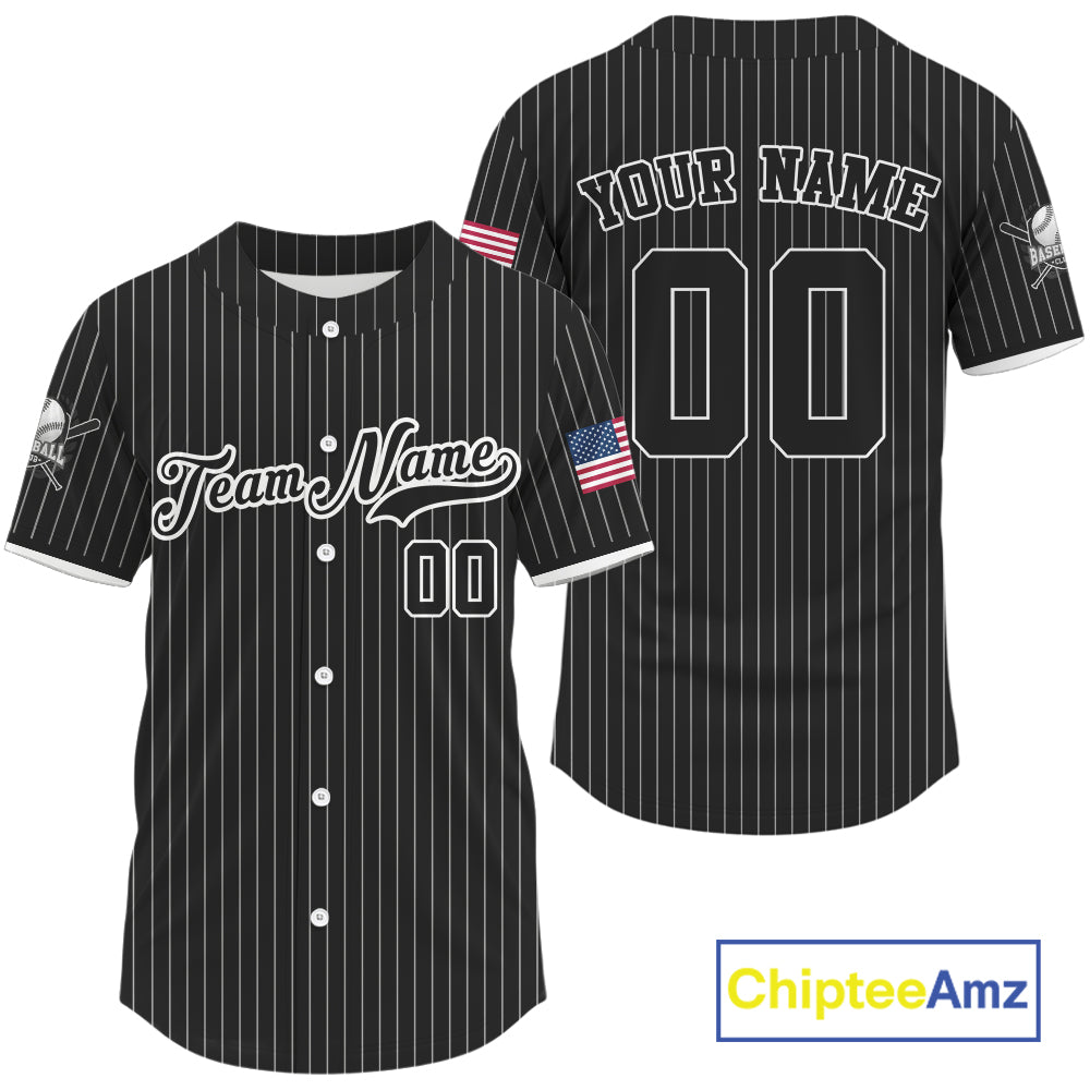 's Black Pinstripe Patriotic Baseball Jersey Custom USA Flag Baseball Shirt For Fans