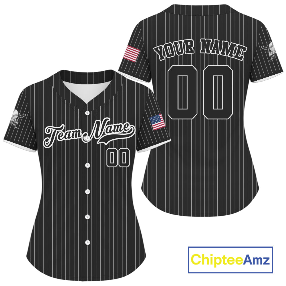 's Black Pinstripe Patriotic Baseball Jersey Custom USA Flag Baseball Shirt For Fans