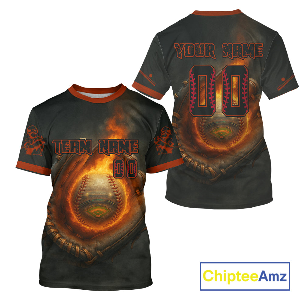 's 3D Baseball T-Shirt Personalized Catching Flame Ball For Baseball Fans