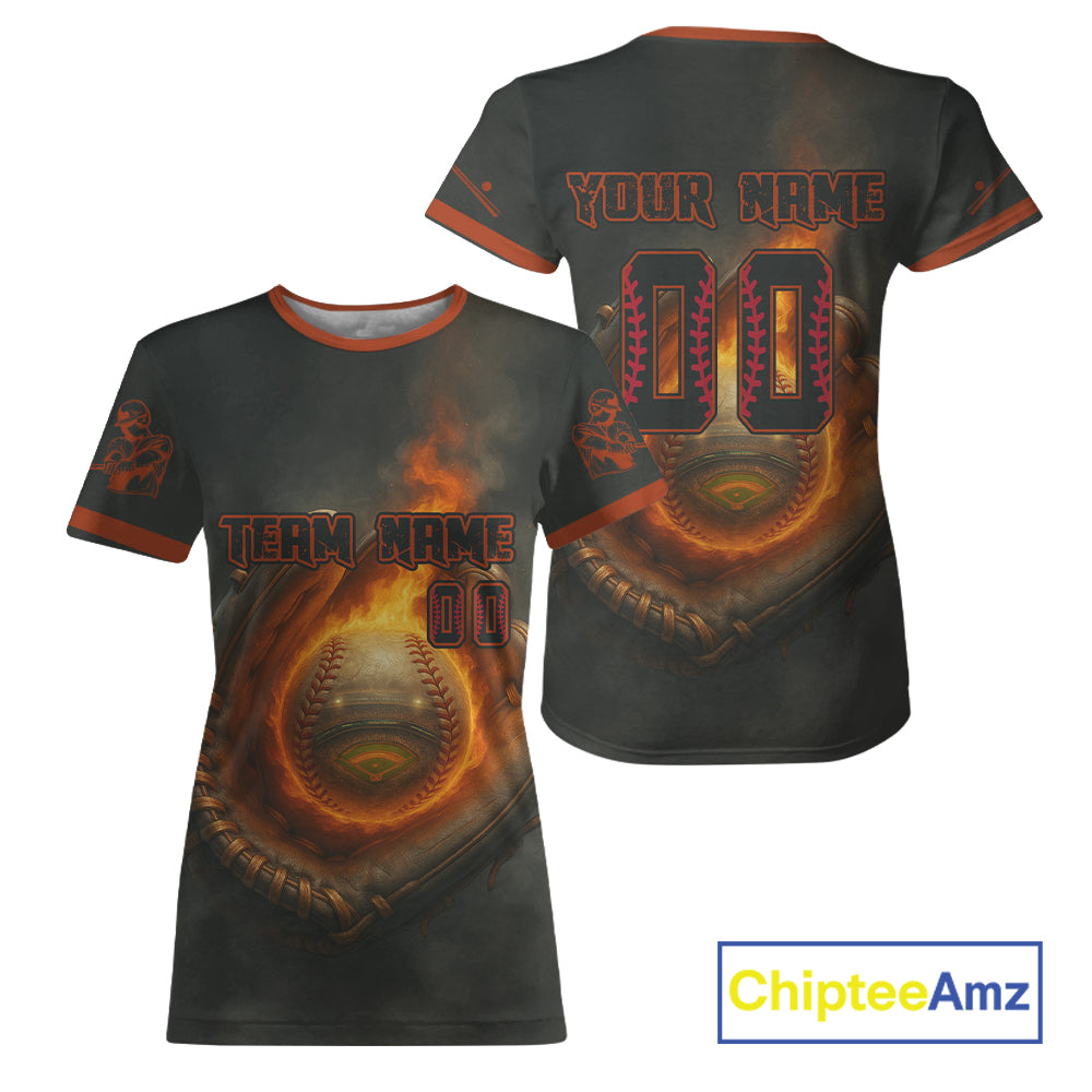 's 3D Baseball T-Shirt Personalized Catching Flame Ball For Baseball Fans