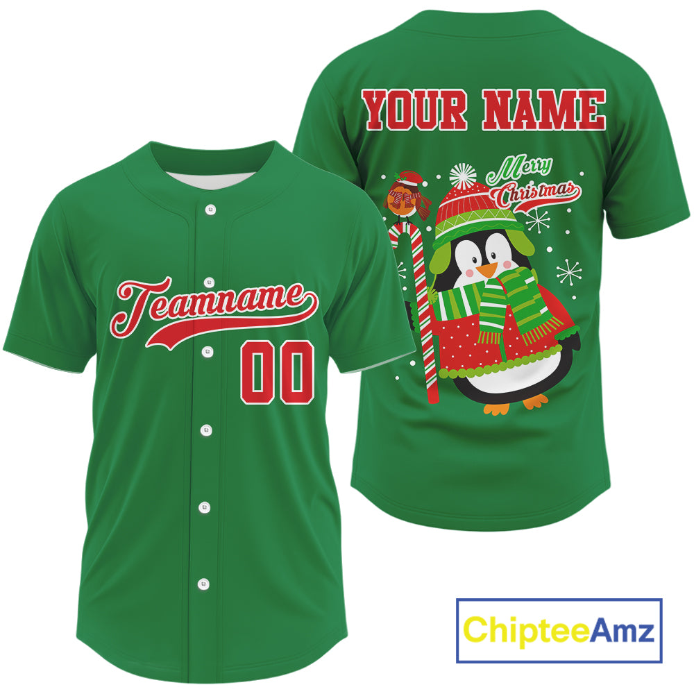 Custom Green Penguin Christmas 's Baseball Jersey Baseball Gifts For Xmas Holiday
