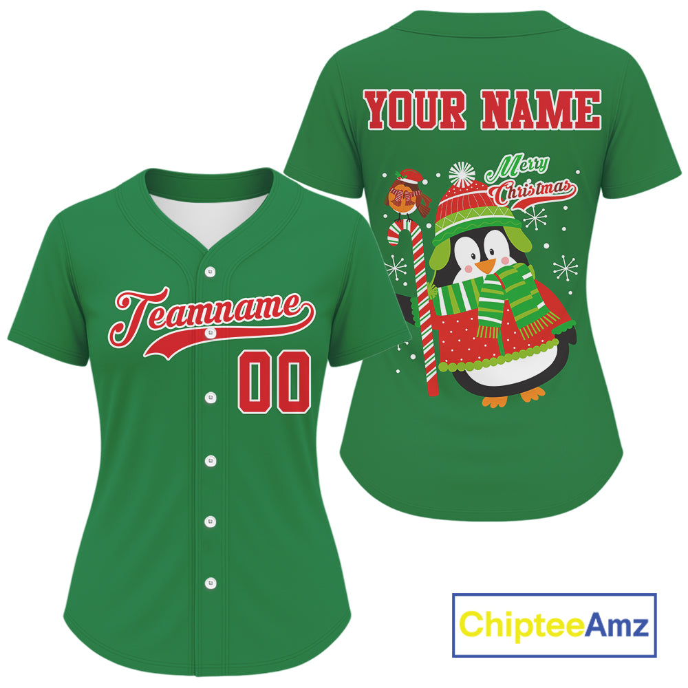 Custom Green Penguin Christmas 's Baseball Jersey Baseball Gifts For Xmas Holiday
