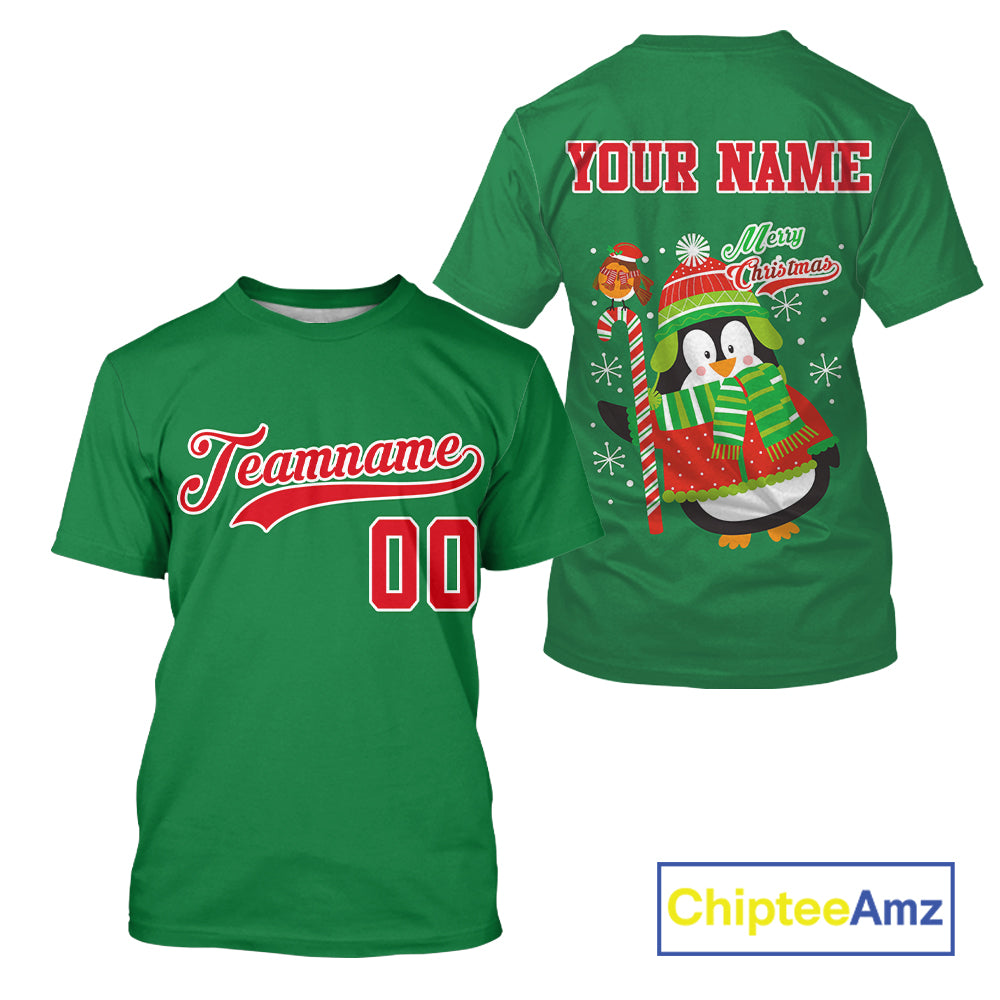 Custom Green Penguin Christmas 's Baseball T-Shirt Baseball Gifts For Xmas Holiday