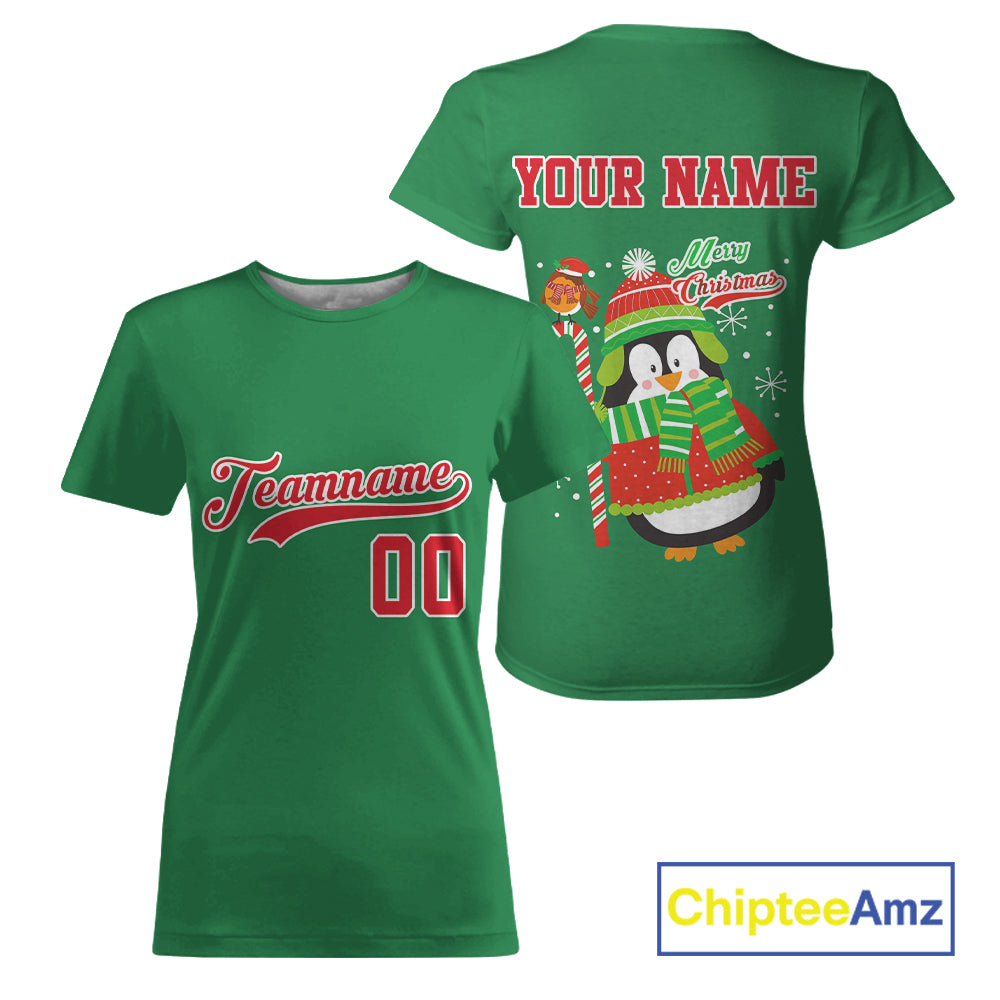 Custom Green Penguin Christmas 's Baseball T-Shirt Baseball Gifts For Xmas Holiday