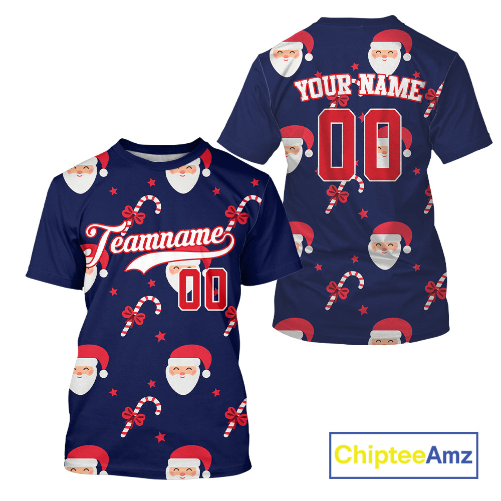 Custom Blue And Red Santa-Claus Christmas 's Baseball T-Shirt Baseball Gifts For Xmas