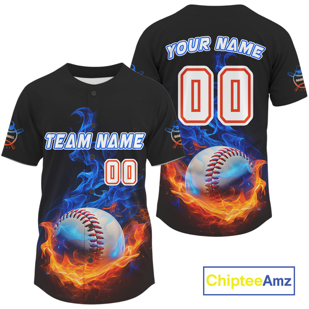 Flaming 3D Ball Custom Baseball Jersey Personalized With Name & Number