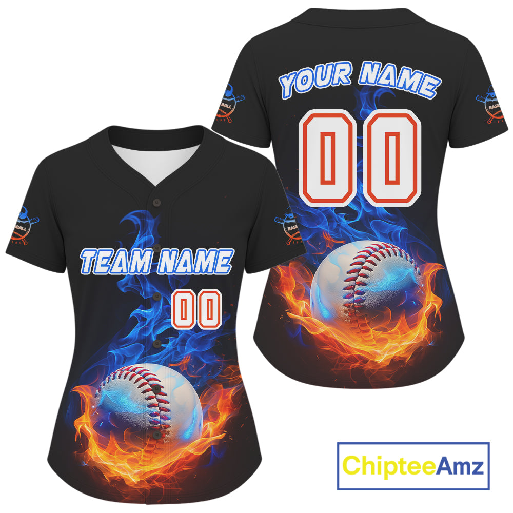 Flaming 3D Ball Custom Baseball Jersey Personalized With Name & Number