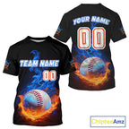 Flaming 3D Ball Custom Baseball T-Shirt Personalized With Name & Number