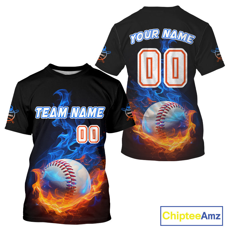 Flaming 3D Ball Custom Baseball T-Shirt Personalized With Name & Number