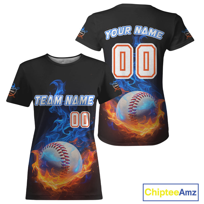 Flaming 3D Ball Custom Baseball T-Shirt Personalized With Name & Number