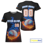 Flaming 3D Ball Custom Baseball T-Shirt Personalized With Name & Number