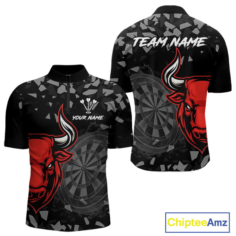 Bull & Dartboard Custom Grunge 's Darts Quarter-zip Shirt - Red Darts Team Jersey