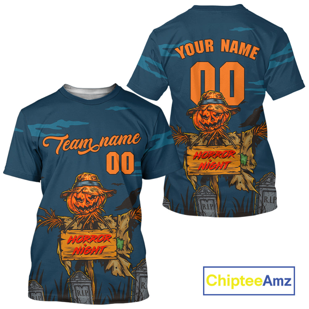 Custom Pumpkin Horror Blue Halloween Baseball T-Shirt Halloween Baseball Gifts
