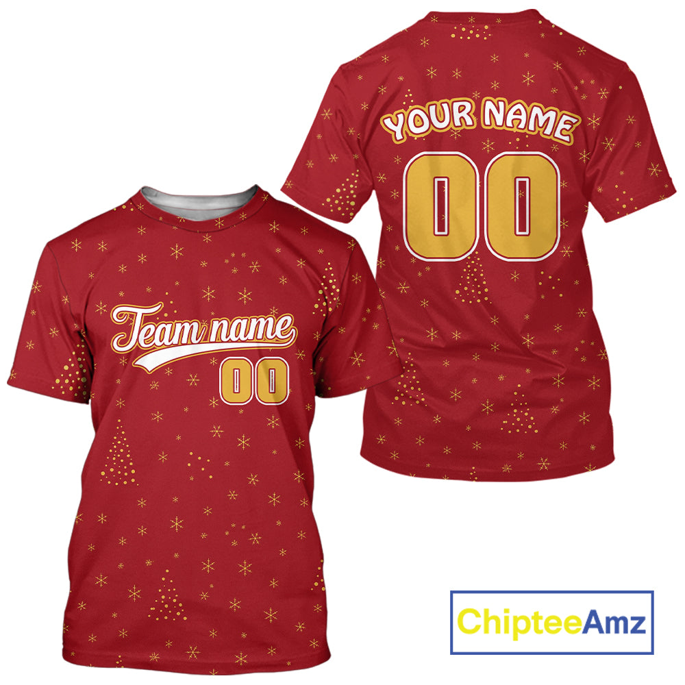 Custom Red Snowflake Xmas Baseball T-Shirt Merry Christmas Baseball Shirt