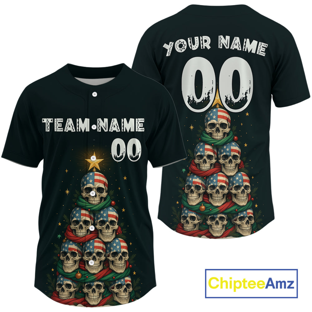 Custom US Flag Skull Christmas Baseball Shirt Funny Skull Xmas Baseball Jerseys
