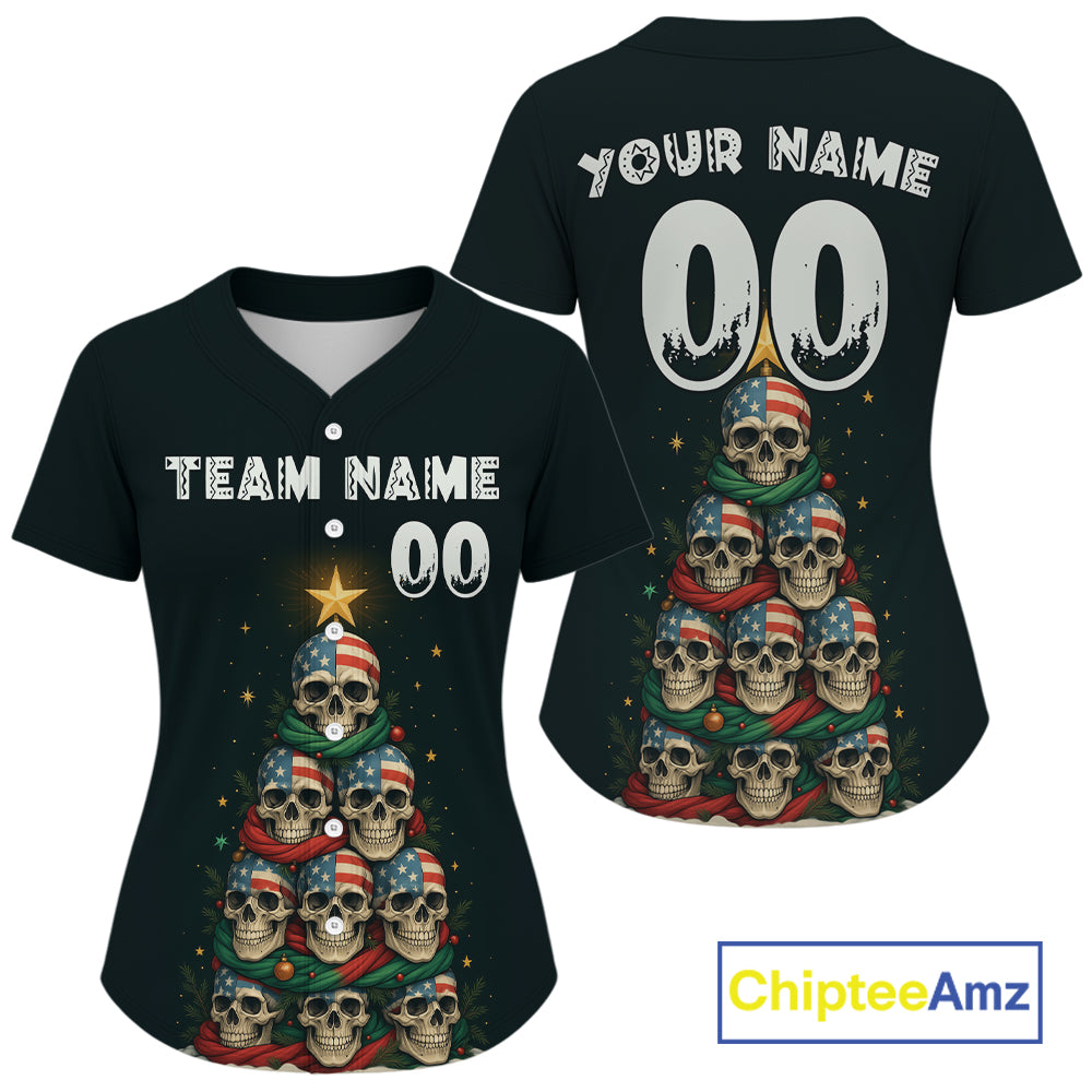 Custom US Flag Skull Christmas Baseball Shirt Funny Skull Xmas Baseball Jerseys