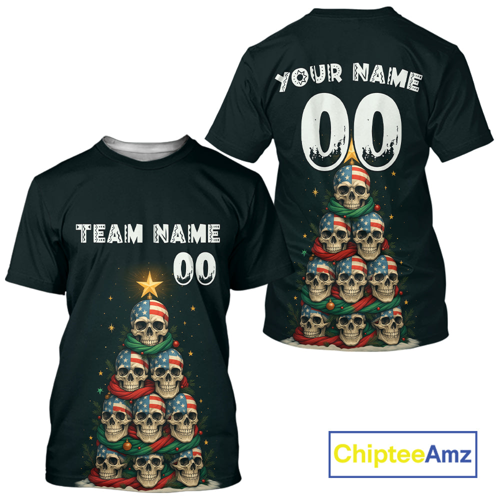 Custom US Flag Skull Christmas Baseball T-Shirt Funny Skull Xmas Baseball Jerseys