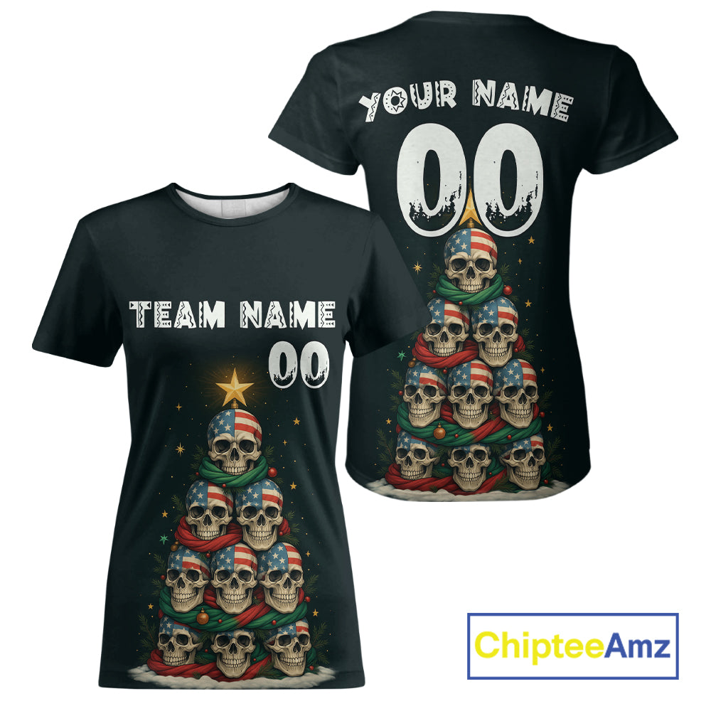 Custom US Flag Skull Christmas Baseball T-Shirt Funny Skull Xmas Baseball Jerseys