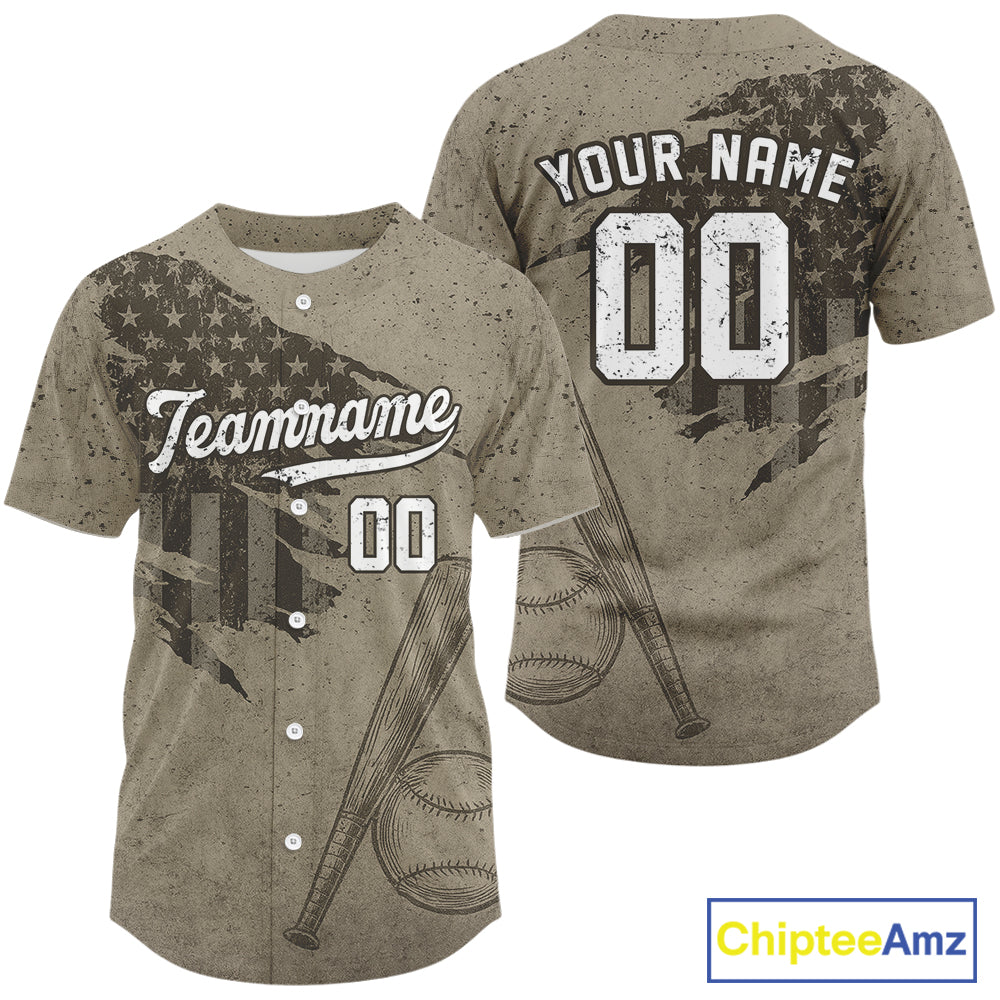 Custom US Flag Patriotic Baseball Shirt Outfit Brown Grunge Baseball Jerseys
