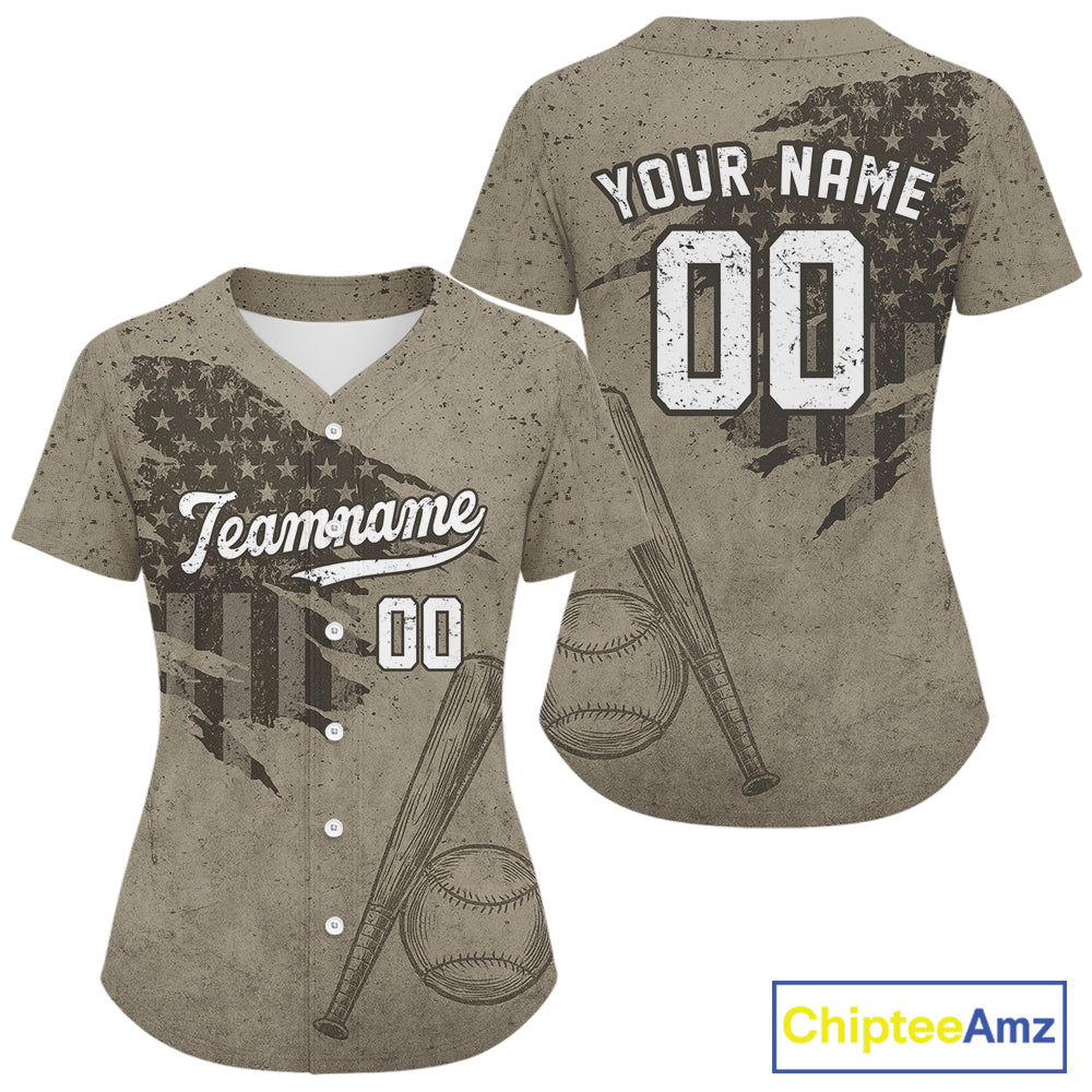 Custom US Flag Patriotic Baseball Shirt Outfit Brown Grunge Baseball Jerseys