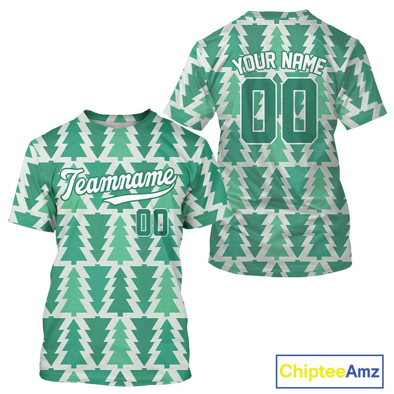 Custom Green Xmas Tree Christmas Baseball T-Shirt Christmas Baseball Jersey
