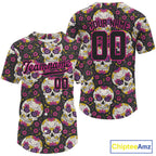 Custom Black And Pink Skull Halloween Baseball Jersey Creepy Baseball Jersey