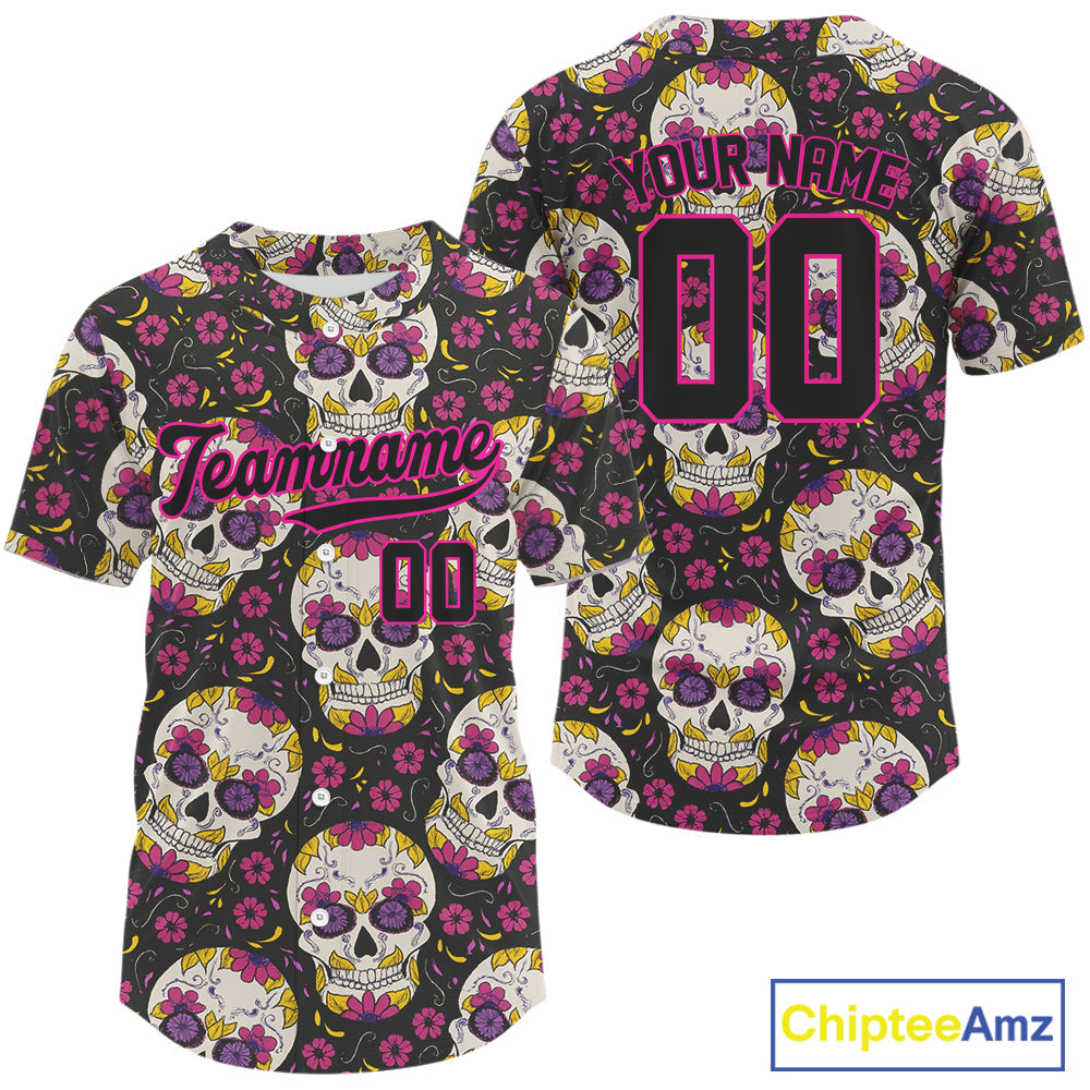 Custom Black And Pink Skull Halloween Baseball Jersey Creepy Baseball Jersey