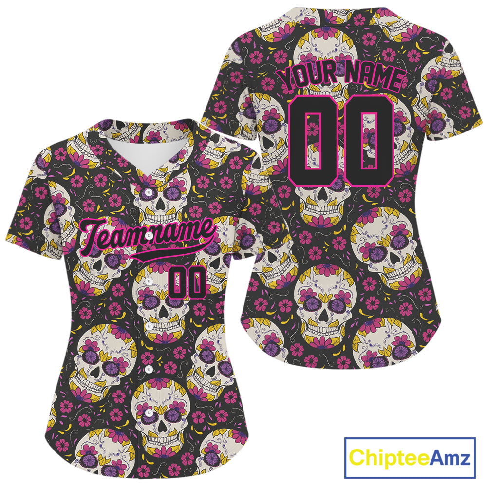 Custom Black And Pink Skull Halloween Baseball Jersey Creepy Baseball Jersey