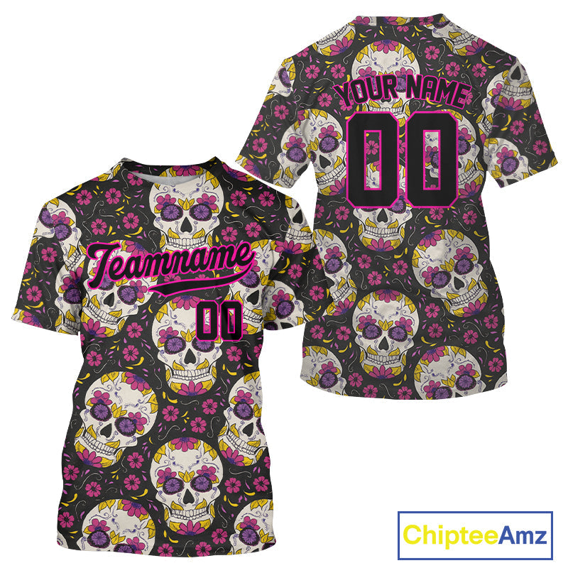 Custom Black And Pink Skull Halloween Baseball Jersey Creepy Baseball Jersey