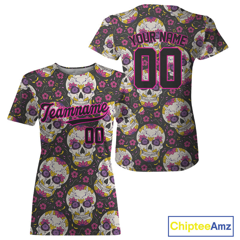 Custom Black And Pink Skull Halloween Baseball Jersey Creepy Baseball Jersey