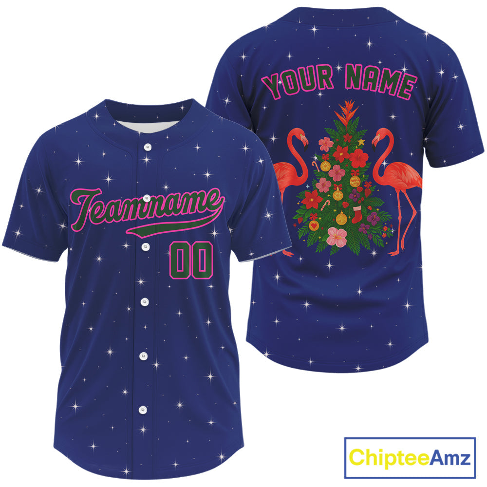 Custom Blue And Pink Flamingo Xmas Baseball Jersey Outfit Christmas Baseball Gifts