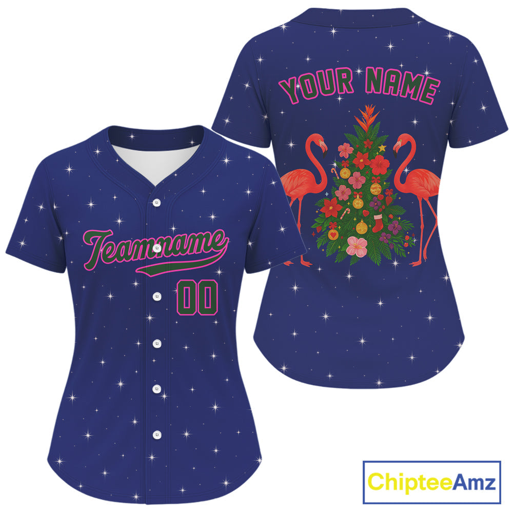 Custom Blue And Pink Flamingo Xmas Baseball Jersey Outfit Christmas Baseball Gifts