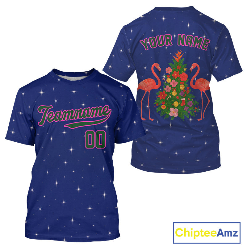 Custom Blue And Pink Flamingo Xmas Baseball T-Shirt Outfit Christmas Baseball Gifts