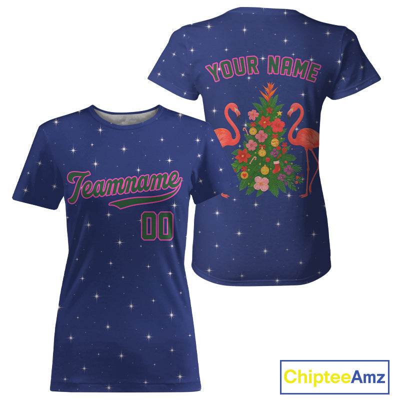 Custom Blue And Pink Flamingo Xmas Baseball T-Shirt Outfit Christmas Baseball Gifts