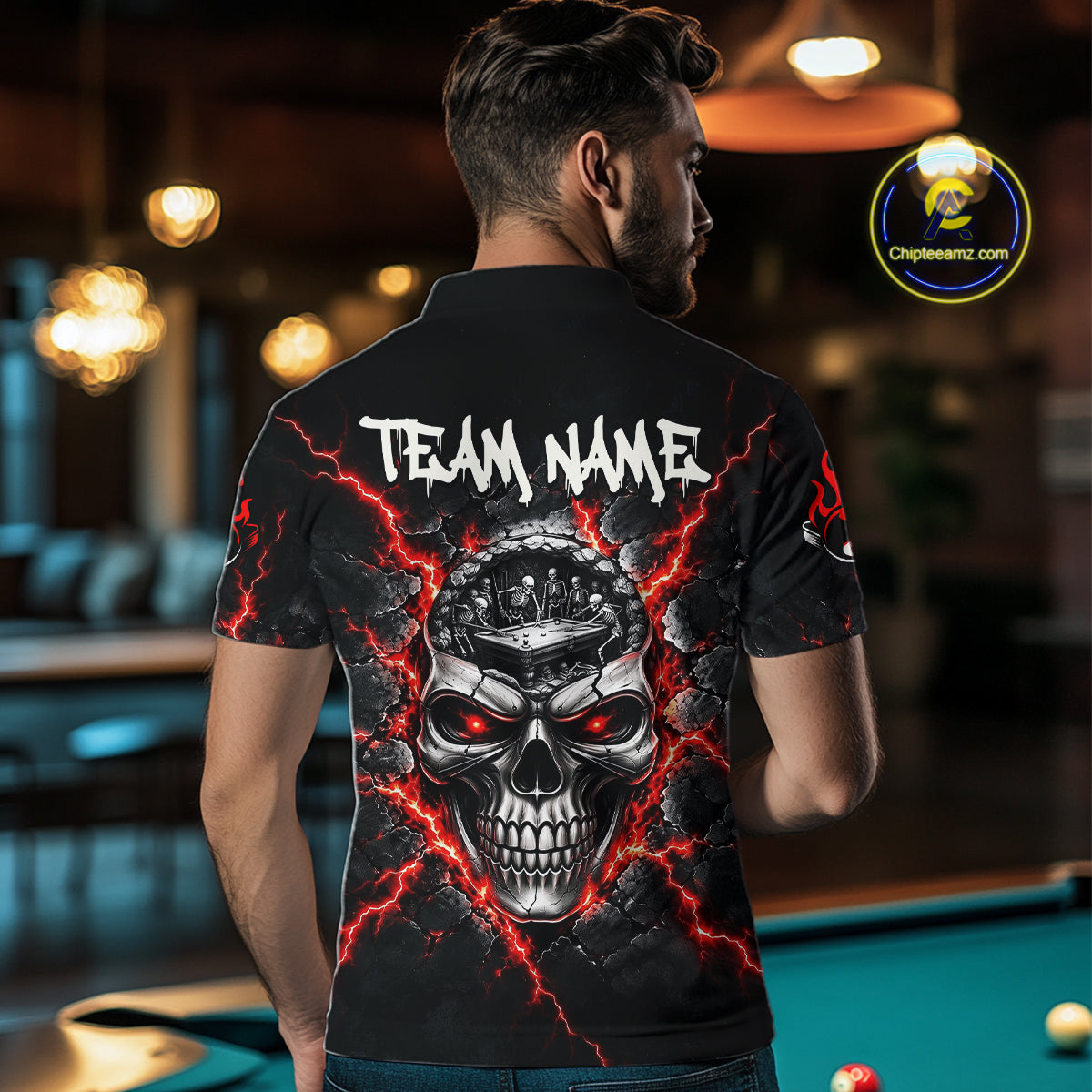 Custom Cracked Skull 8 Ball Billiard Shirt Red Thunder Skeleton Billiards 1/4-Zip Polo Jersey