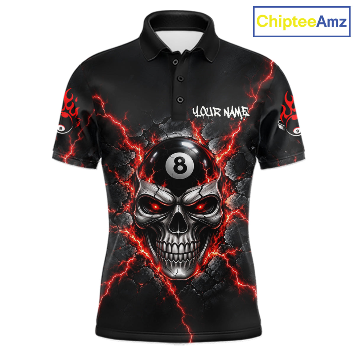 Custom Cracked Skull 8 Ball Billiard Shirt Red Thunder Skeleton Billiards 1/4-Zip Polo Jersey