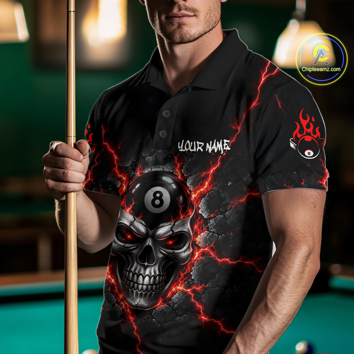 Custom Cracked Skull 8 Ball Billiard Shirt Red Thunder Skeleton Billiards 1/4-Zip Polo Jersey