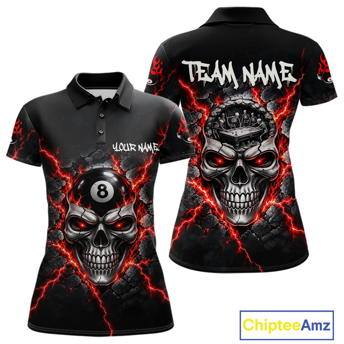 Custom Cracked Skull 8 Ball Billiard Shirt Red Thunder Skeleton Billiards 1/4-Zip Polo Jersey