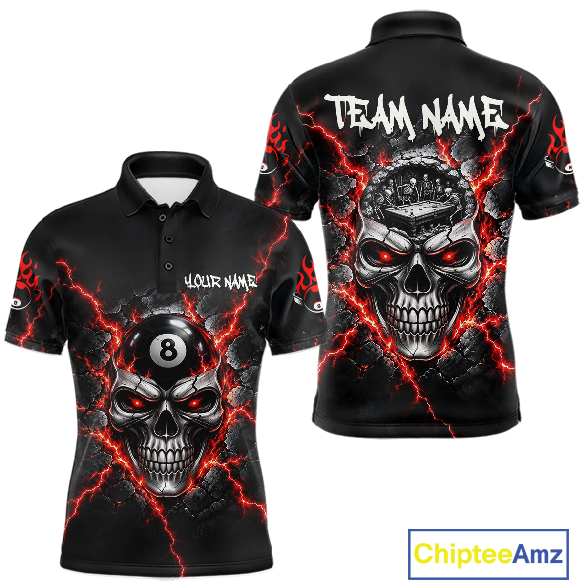 Custom Cracked Skull 8 Ball Billiard Shirt Red Thunder Skeleton Billiards 1/4-Zip Polo Jersey